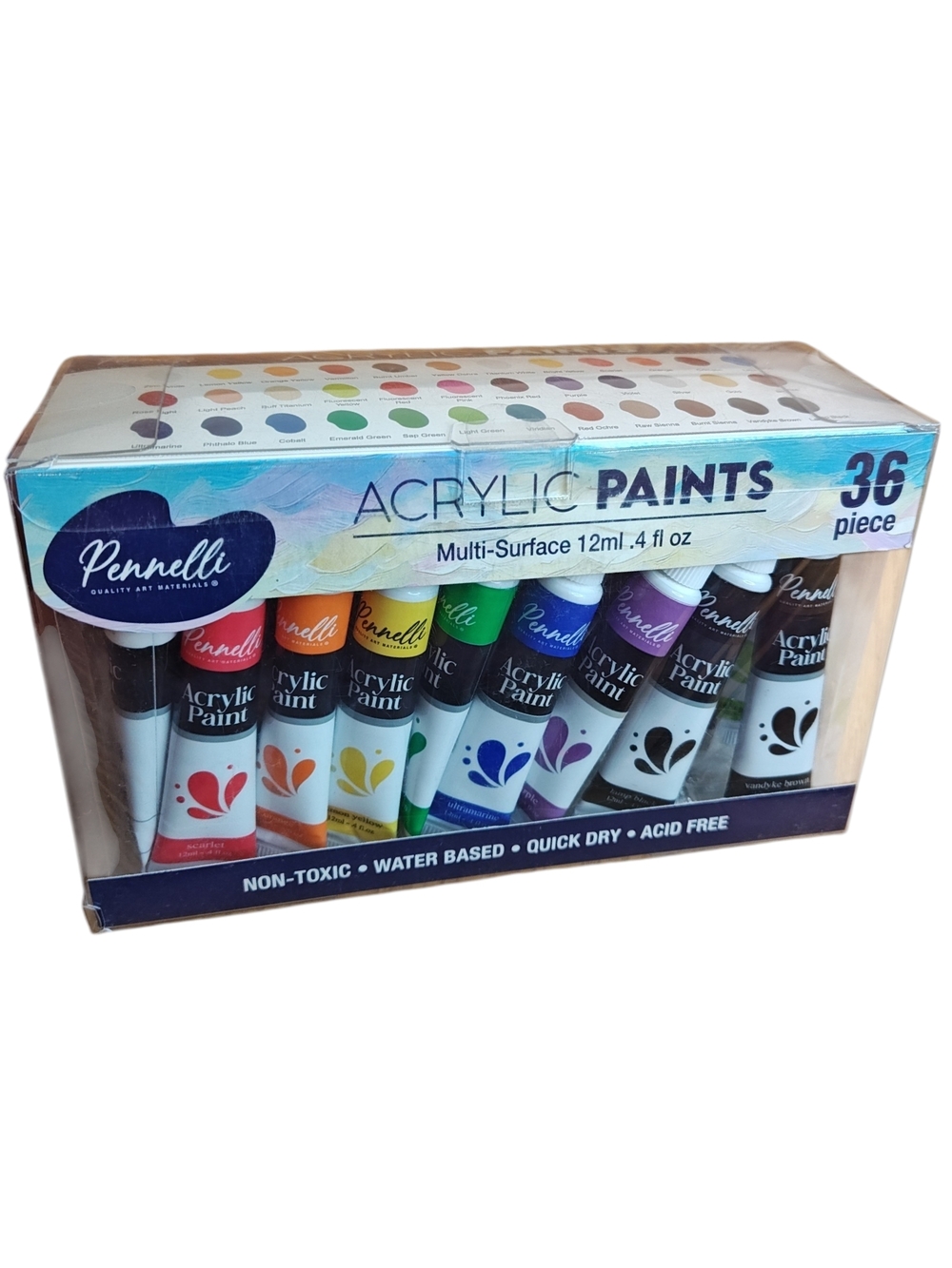 Pennelli Acrylic Paint Set 36 Colors Multi-Surface Art Supplies Non-Toxic NEW
